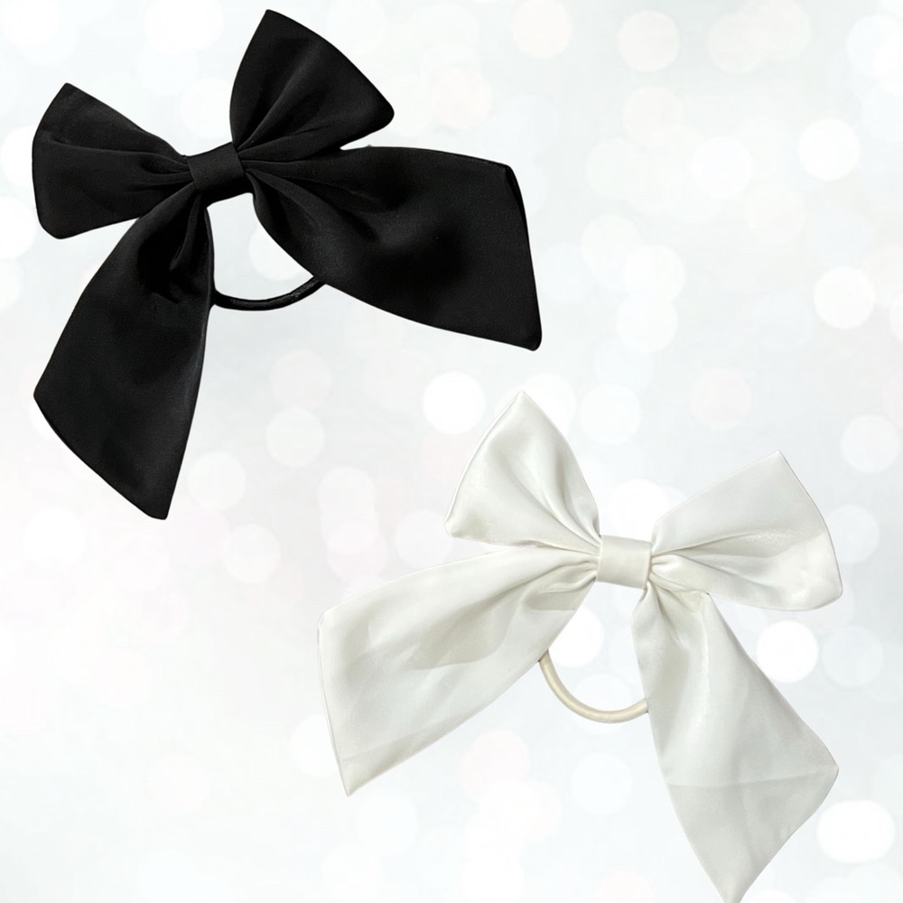 Elegant Satin Bow Hair Tie Lot of 2 Girly Ponytail Holders Black Off White